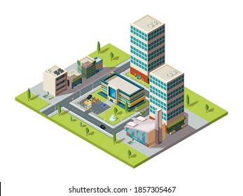 City Mall. Urban Isometric Landscape With Big Modern Building Of Retail Hypermarket Shopping Center 3d Map