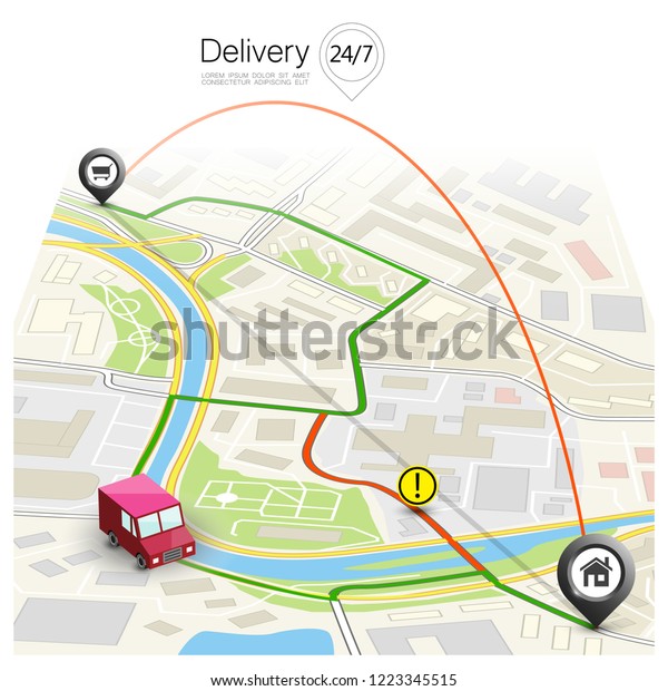 City map delivery navigation route, point markers
delivery van, drawing schema itinerary delivery car, city plan GPS
navigation itinerary destination arrow city map. Route check point
business graphic