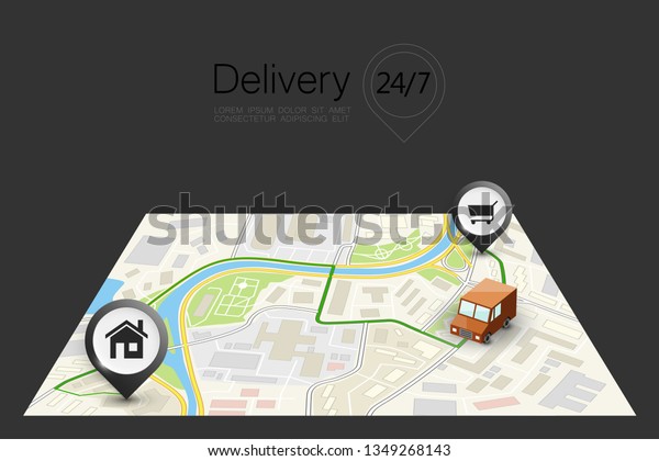 City map delivery navigation route, point markers\
delivery van, drawing schema itinerary delivery car, city plan GPS\
navigation itinerary destination arrow city map. Route check point\
business graphic