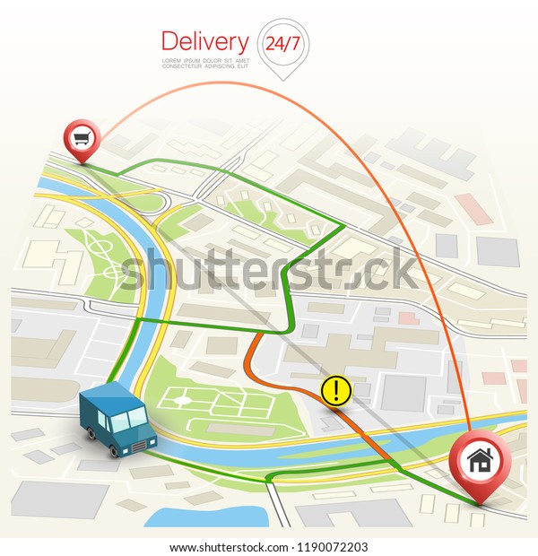 City map navigation delivery route, point markers\
delivery van, drawing schema itinerary delivery car, city plan GPS\
navigation, itinerary destination arrow city map Route delivery\
check point graphic