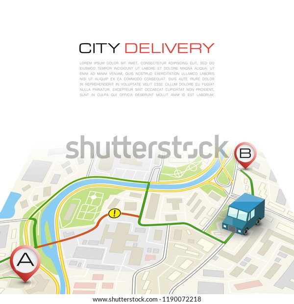 City map navigation delivery route, point markers\
delivery van, drawing schema itinerary delivery car, city plan GPS\
navigation, itinerary destination arrow city map Route delivery\
check point graphic