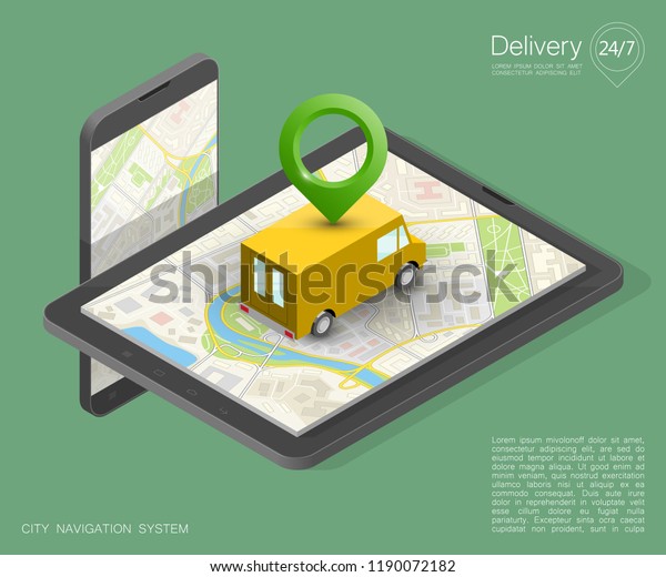 City map navigation route, phone point delivery\
van, isometric schema itinerary delivery car truck, city plan GPS\
navigation, itinerary destination arrow city map. Route delivery\
truck check point