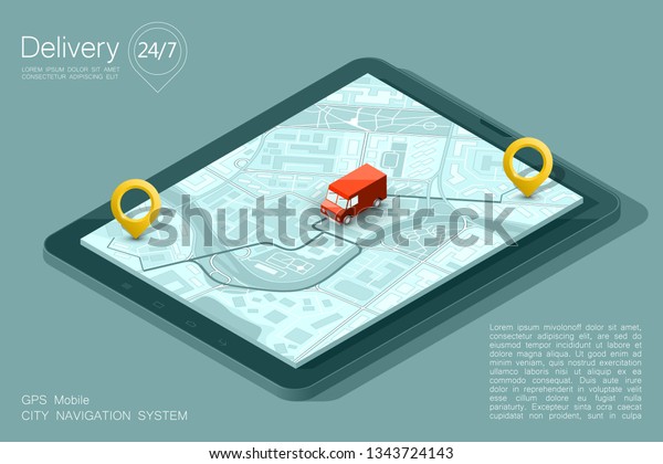 City map navigation route, phone point delivery\
van, isometric schema itinerary delivery car, city plan GPS\
navigation, itinerary destination arrow city map. Route delivery\
truck check point