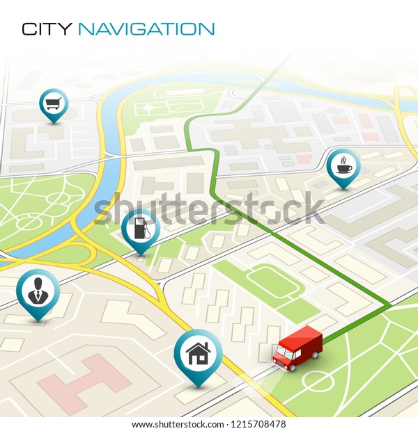 City\
map navigation route, point markers delivery van, schema itinerary\
delivery car, city plan GPS navigation, itinerary destination arrow\
city map. Route delivery truck check point\
graphic