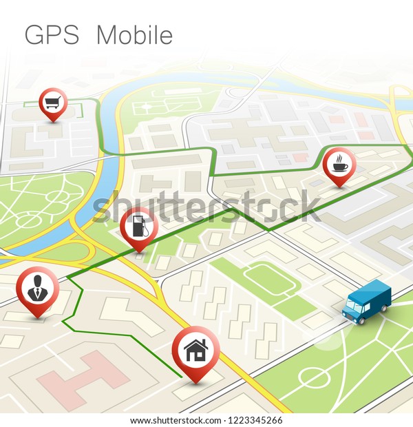 City map navigation route, point markers delivery\
van, isometry schema itinerary delivery car, city plan GPS\
navigation, itinerary destination arrow city map. Route delivery\
truck check point\
graphic