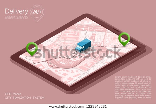 City map navigation route, point markers delivery\
van road, isometry schema itinerary delivery car, city plan GPS\
navigation, itinerary destination arrow city map. Route delivery\
check point graphic