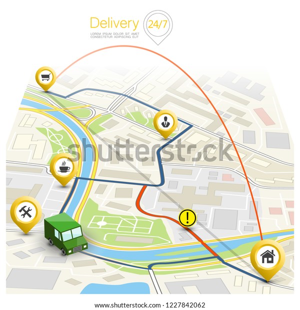 City map navigation route, point markers 3d\
delivery van, drawing schema itinerary delivery car, city plan GPS\
navigation, itinerary destination arrow city map. Route delivery\
check point graphic