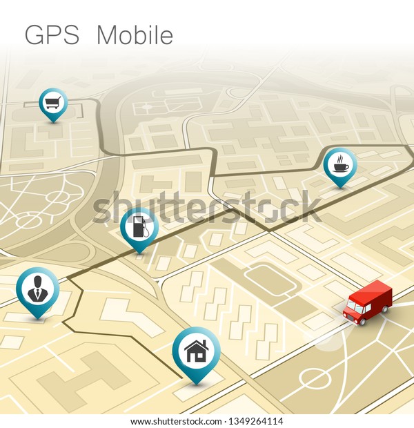 City map navigation route, point markers delivery\
van, isometry schema itinerary delivery car, city plan GPS\
navigation, itinerary destination arrow city map. Route delivery\
truck check point\
graphic