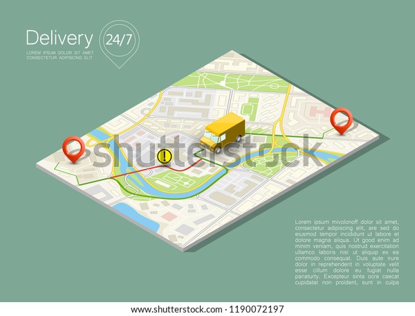 City map navigation route, road point markers\
delivery van, isometry schema itinerary delivery car, city plan GPS\
navigation, itinerary destination arrow city map. Route delivery\
check point graphic