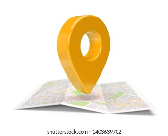 City Map Navigation, With Yellow Orange Color Point Marker, City Plan GPS Navigation, Destination Pin On Paper City Map. 3D Rendering.