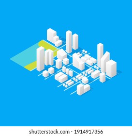 City Maps Concept 3d Isometric View Positioning Location On A Blue Background. Illustration Of Map Elements