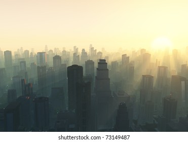 city at misty sunrise