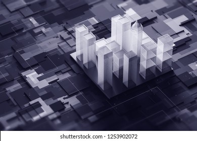 City Model Standing On Gray Motherboard. Concept Of Hi Tech In Architecture And Digital City Lifestyle. 3d Rendering