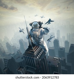 City monster astronaut - 3D illustration of science fiction giant space suit wearing character climbing skyscraper while being attacked by fighter planes