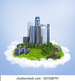 City on an island floating in the clouds. Ecology. 3d illustration