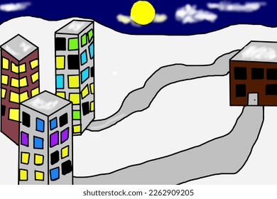 City winter evening  Children's drawing  High quality photo