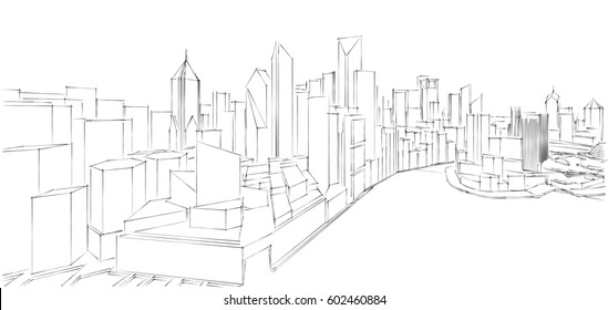 City Sketch Building Architecture Landscape Panorama Stock Vector ...