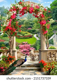 City park. A terrace with a flower arch. Entrance to the park. Photo wallpapers. Wallpaper on the wall.