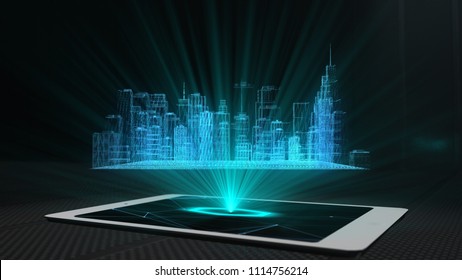 City Projection Futuristic Holographic Display Phone Tablet Hologram Technology - Conceptual Design 3d Render