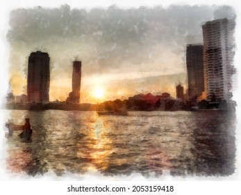 City And River Landscape At Sunset Watercolor Style Illustration Impressionist Painting.