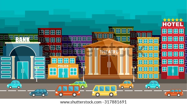 City and road in the style of flat\
design. Raster\
illustration\
\
