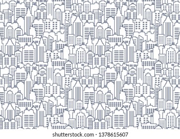 City scape seamless pattern. Thin line City background. Downtown landscape with high skyscrapers. Panorama architecture City scape wallpaper. Goverment buildings line illustration.
