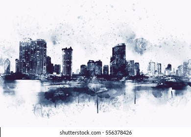 City Scape Watercolor Painting In Monotone