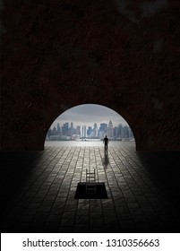 City Seen From Tunnel Opening. 3D Rendering