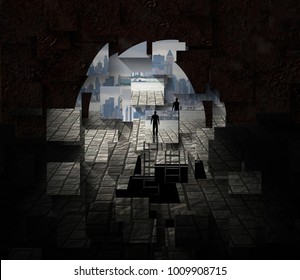 City Seen From Tunnel Opening. Lonely Man. 3D Rendering