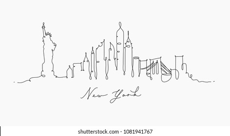 City Silhouette New York In Pen Line Style Drawing With Black Lines On White Background