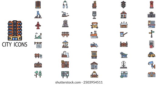 City simple concept 40 colour icons set. Contains such CO2 neutral, zero waste, use bike, green energy, air and water .Vector illustration. - Powered by Shutterstock