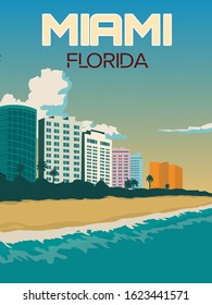 City Skyline And Beach In Miami Florida Illustration, Vintage Style Travel Poster