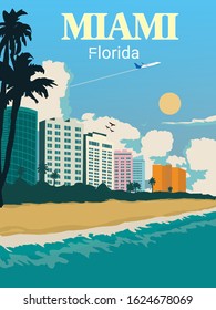 City Skyline , Beach ,sand And Sun In Miami Florida Illustration Best Summer Vibes Destination , Vintage Style Travel Poster Concept