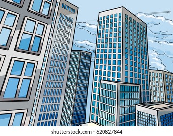 City Skyscraper Buildings Background Scene In A Cartoon Pop Art Comic Book Style 