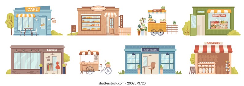 City street buildings facade exterior isolated retail local businesses. cafe and bakery shop, flowers and grocery stores, clothing boutique and mobile kiosk. Hair salon and souvenirs market - Powered by Shutterstock