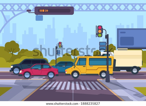 City street. Cartoon town cityscape with cars and\
crosswalk, town traffic on crosswalk.  urban highway landscape\
illustration. Horizontal flat panoramic image crossing roads\
morning