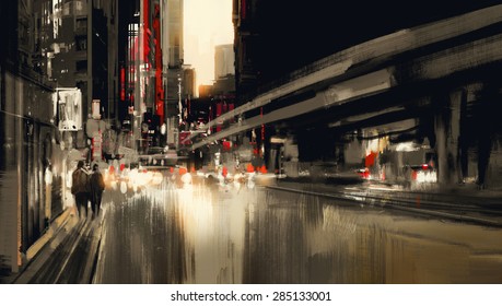 City Street Digital Painting,illustration Art