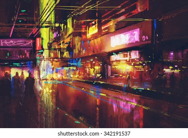 City Street With Illumination And Night Life,digital Painting