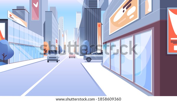City street illustration. Cartoon 3d modern\
urban cityscape with office skyscraper building, store or town\
house, car on road, empty sidewalk. City traffic, metropolis\
downtown view\
background