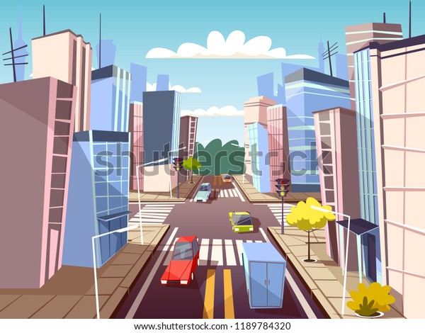 City\
street illustration of urban cars transport on traffic lane and\
pedestrian crosswalk with marking. Cartoon flat cityscape buildings\
and streets design for carsharing or car\
navigation