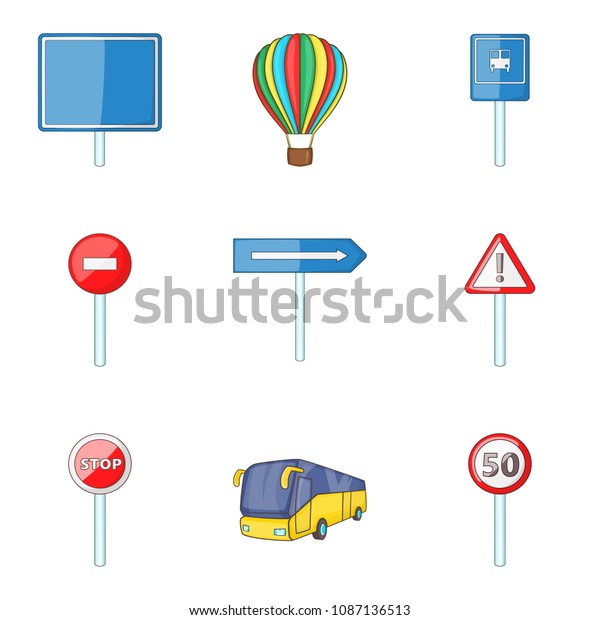 City street sign\
icon set. Cartoon set of 9 city street sign icons for web design\
isolated on white\
background