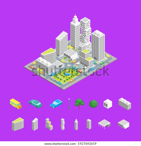 City Streets and Elements Isometric View Architecture\
Modern District for Map Plan on a Background. illustration of\
Street 3D