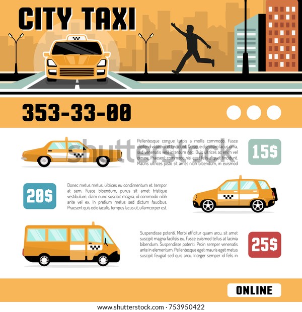 City\
taxi online services web page template with cost of the trip car\
types and telephone information flat \
illustration
