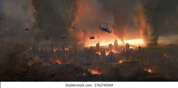 City in a tornado, doomsday scene, digital painting.