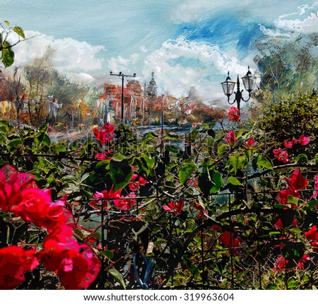 City tower and a garden with flowers, oil painting and mixed media                               