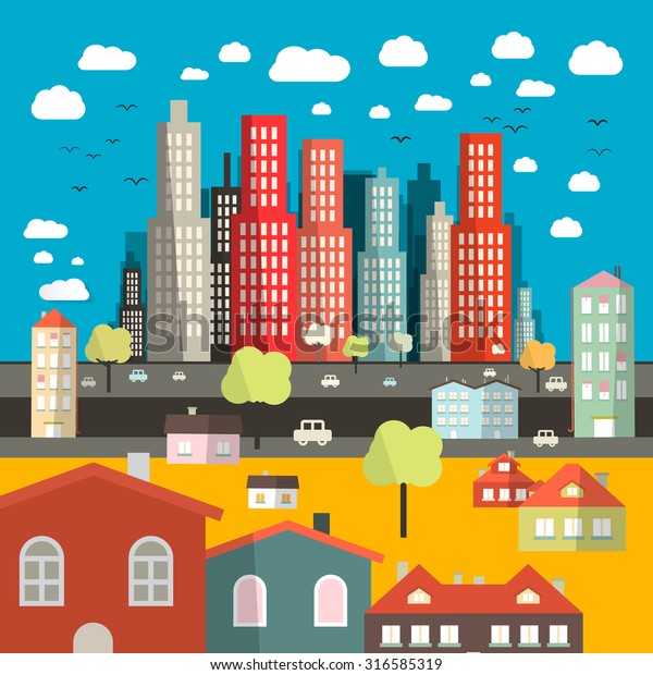 City - Town - Easy Flat Design\
Illustration with Houses  - Buildings and Street with\
Cars
