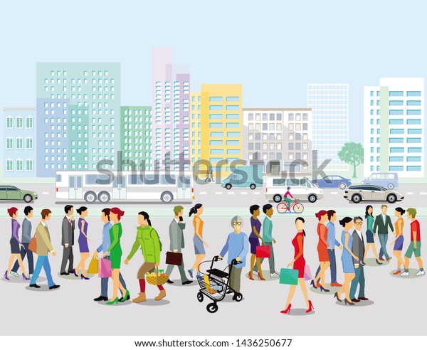 City with\
traffic and pedestrians on the\
sidewalk