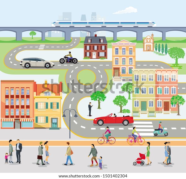 City with\
traffic and pedestrians on the\
sidewalk