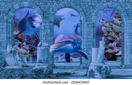 A City Under Water With A Stone Arch And Dolphins. 3d Rendering. 3d Photo Wallpapers.