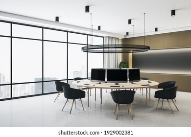 City View From Big Window In Coworking Office Space With Modern Furniture, Wall Backlit Panel, Round Wooden Table. 3D Rendering